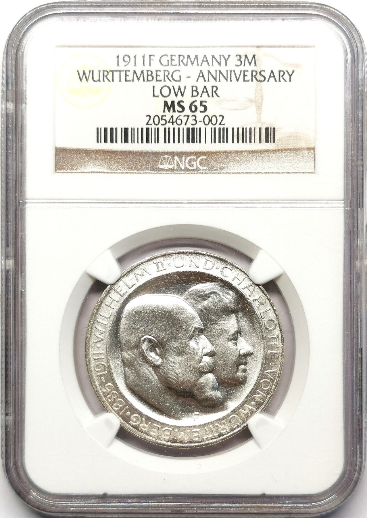 凡希万国世界钱币年度大拍第二季 NGC MS65 1911年符腾堡结婚纪念3马克