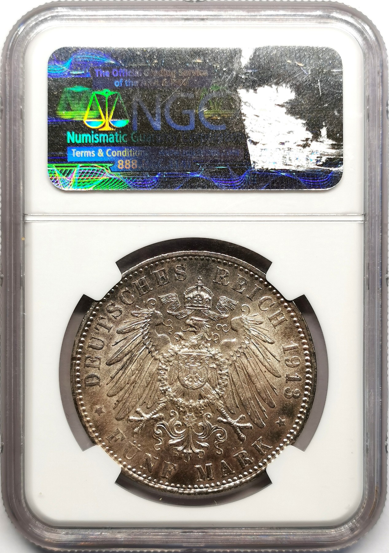 凡希万国世界钱币年度大拍第二季 NGC MS62 1913年德国巴伐利亚奥托一世5马克流通大银币 原味酱彩