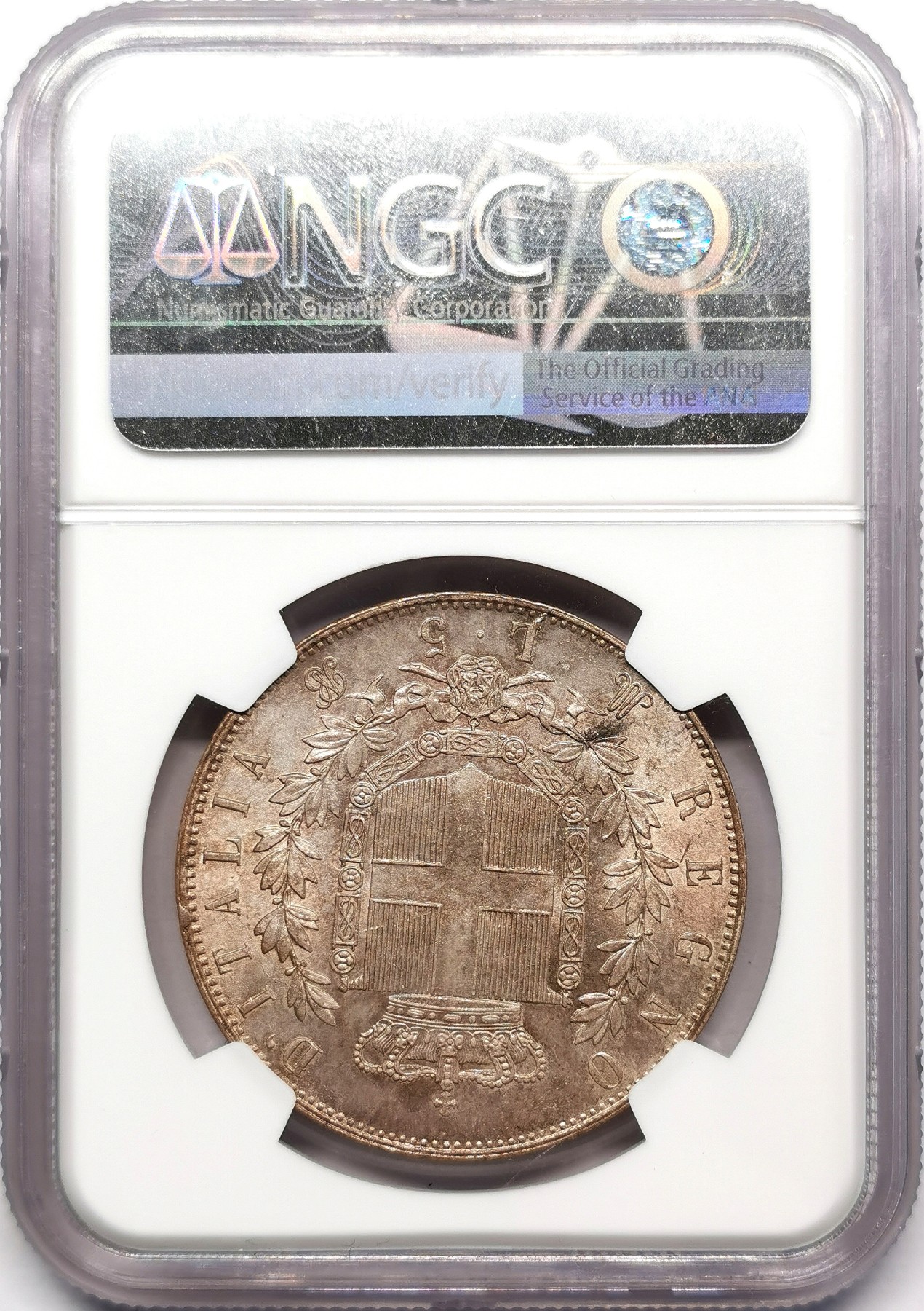 凡希万国世界钱币年度大拍第二季 荐！NGC MS64+1875M意大利埃曼努尔二世5里拉大银淡紫金彩，米兰厂出品，唯一最高分！