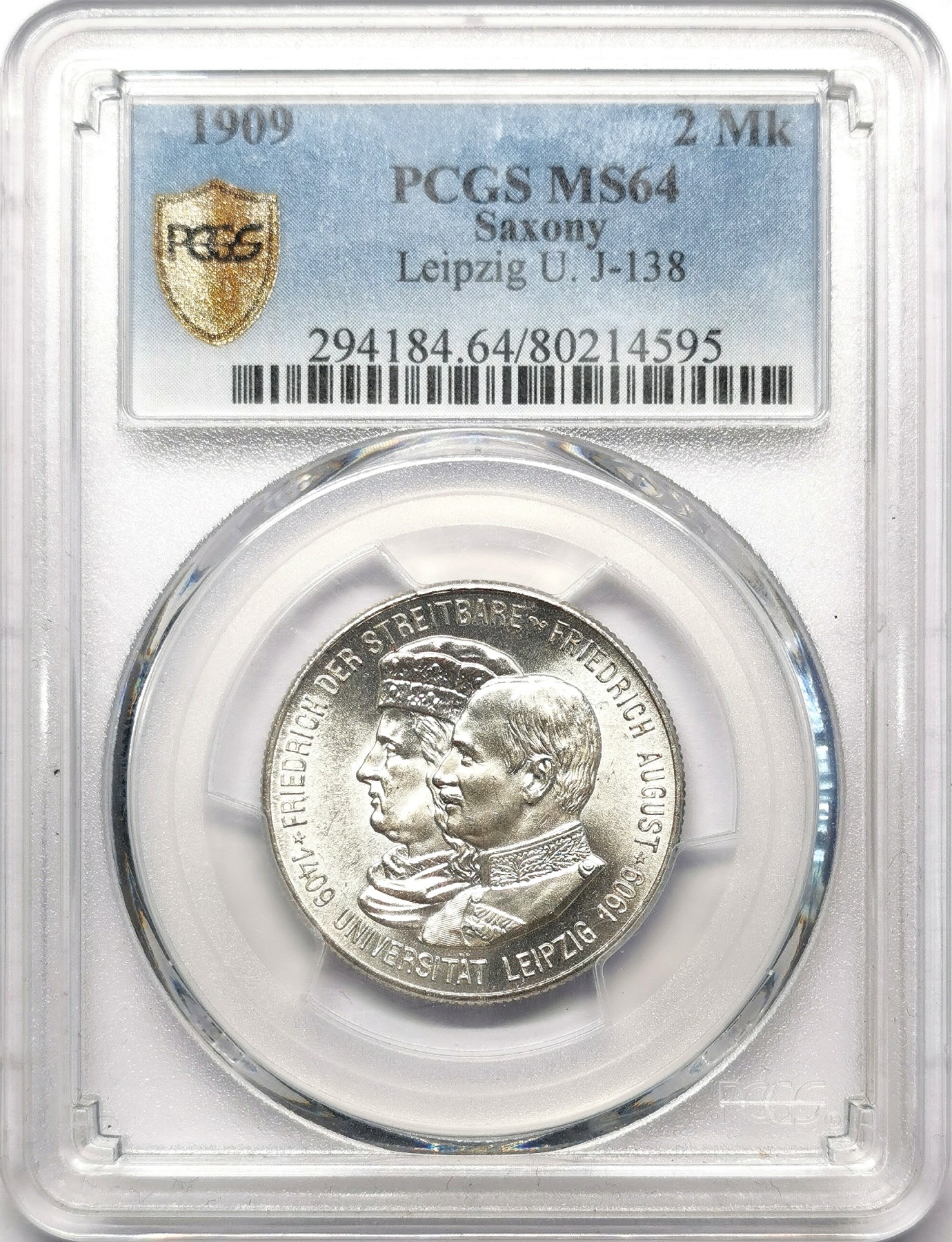 凡希万国世界钱币年度大拍第二季 PCGS MS64 1909年德国萨克森大学莱比锡纪念2马克