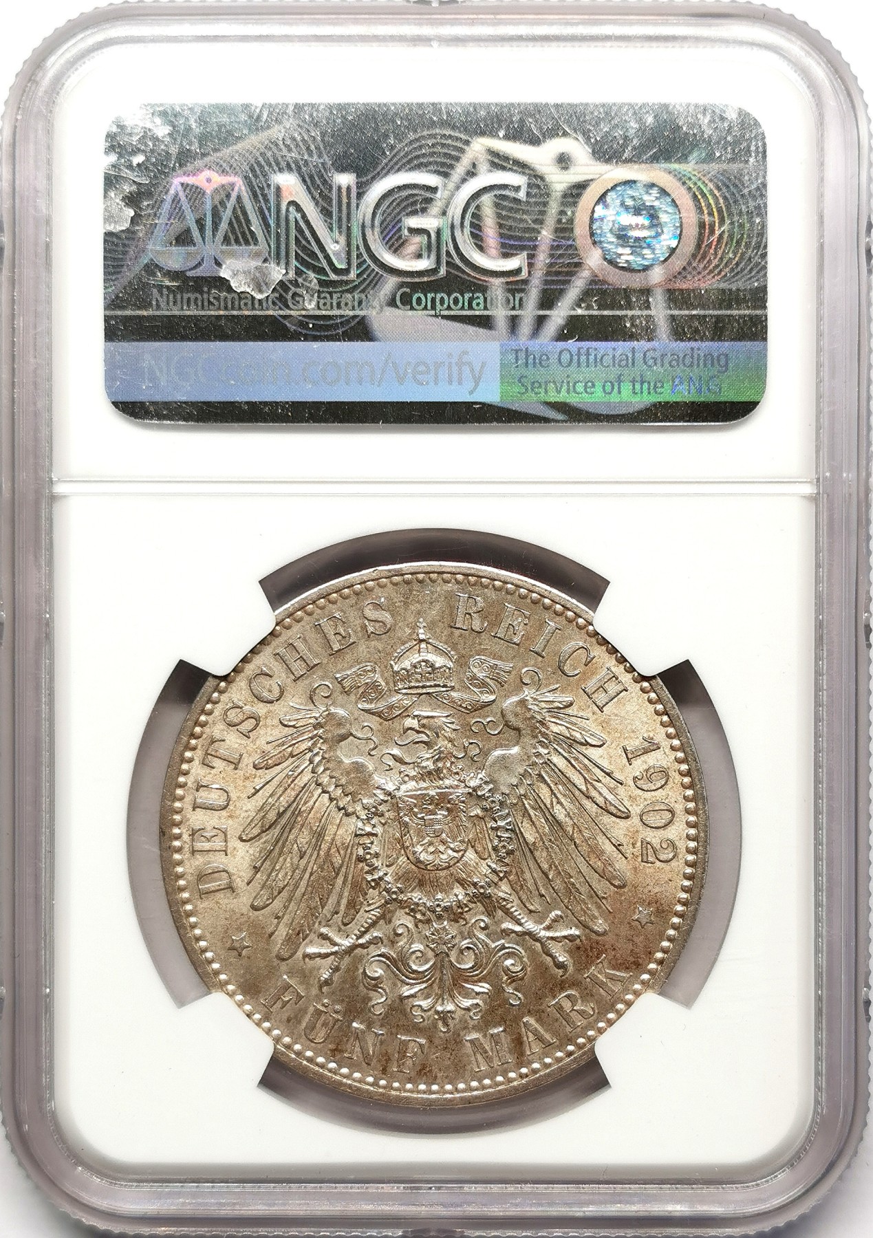 凡希万国世界钱币年度大拍第二季 NGC MS62 1902德国萨克森阿尔伯特逝世5马克 原味转光