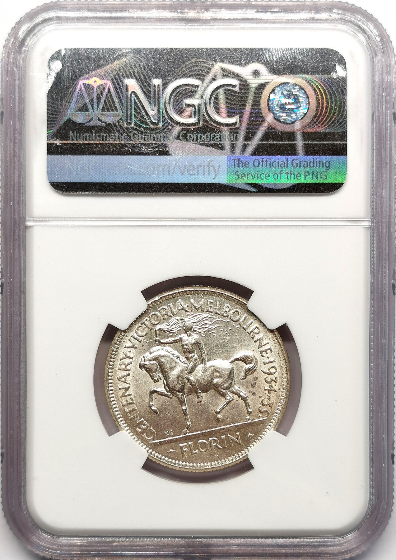 凡希万国世界钱币年度大拍第二季 荐！NGC MS61 1933-34澳大利亚百年墨尔本纪念佛罗林 铸造量54000，乔五唯二的纪念佛罗林，远比议会开幕稀有。