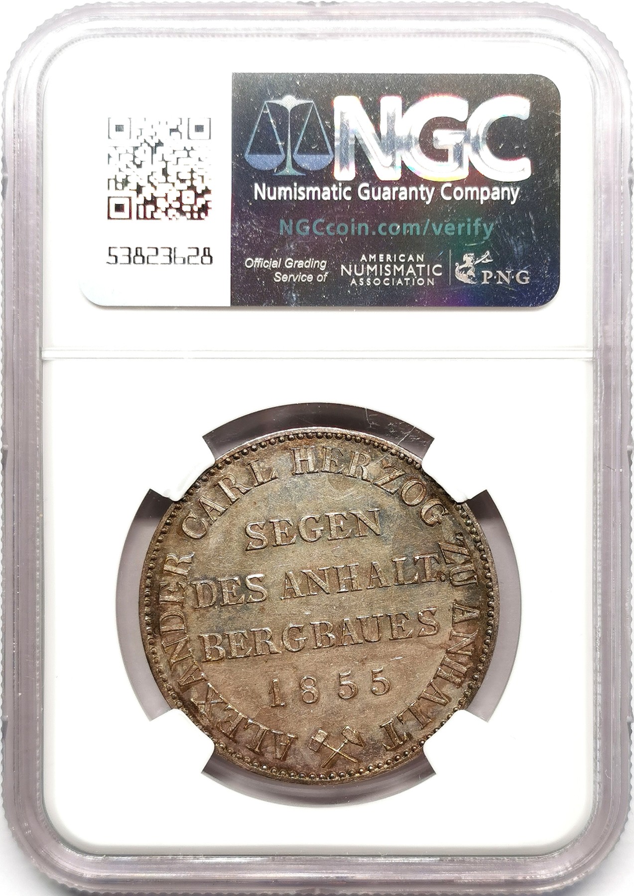 凡希万国世界钱币年度大拍第二季 NGC MS62 1855年德国安哈特-贝恩堡流通1泰勒 经典的矿业祈祷协议泰勒原味状态非常炸裂 