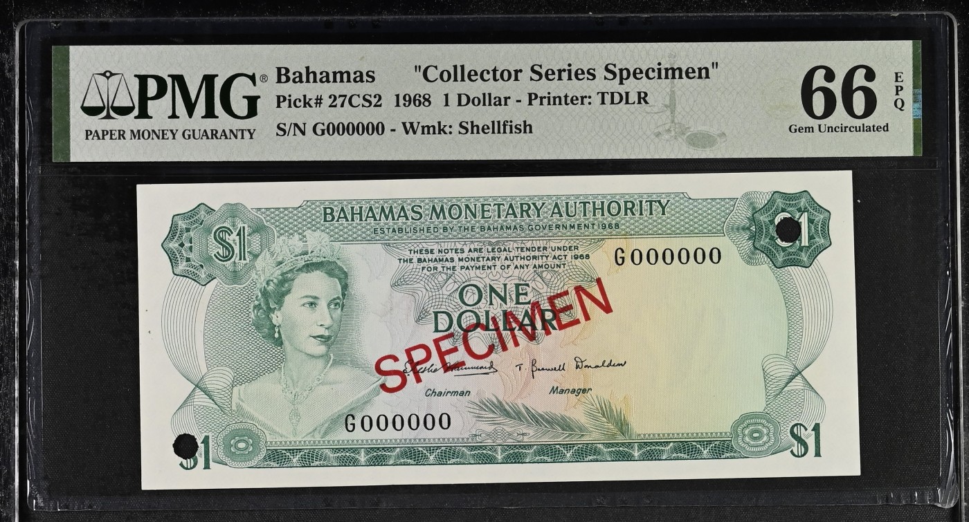 收藏联盟Quantum Auction 第315期拍卖  巴哈马1968年1元样票 PMG66 德纳罗彩背