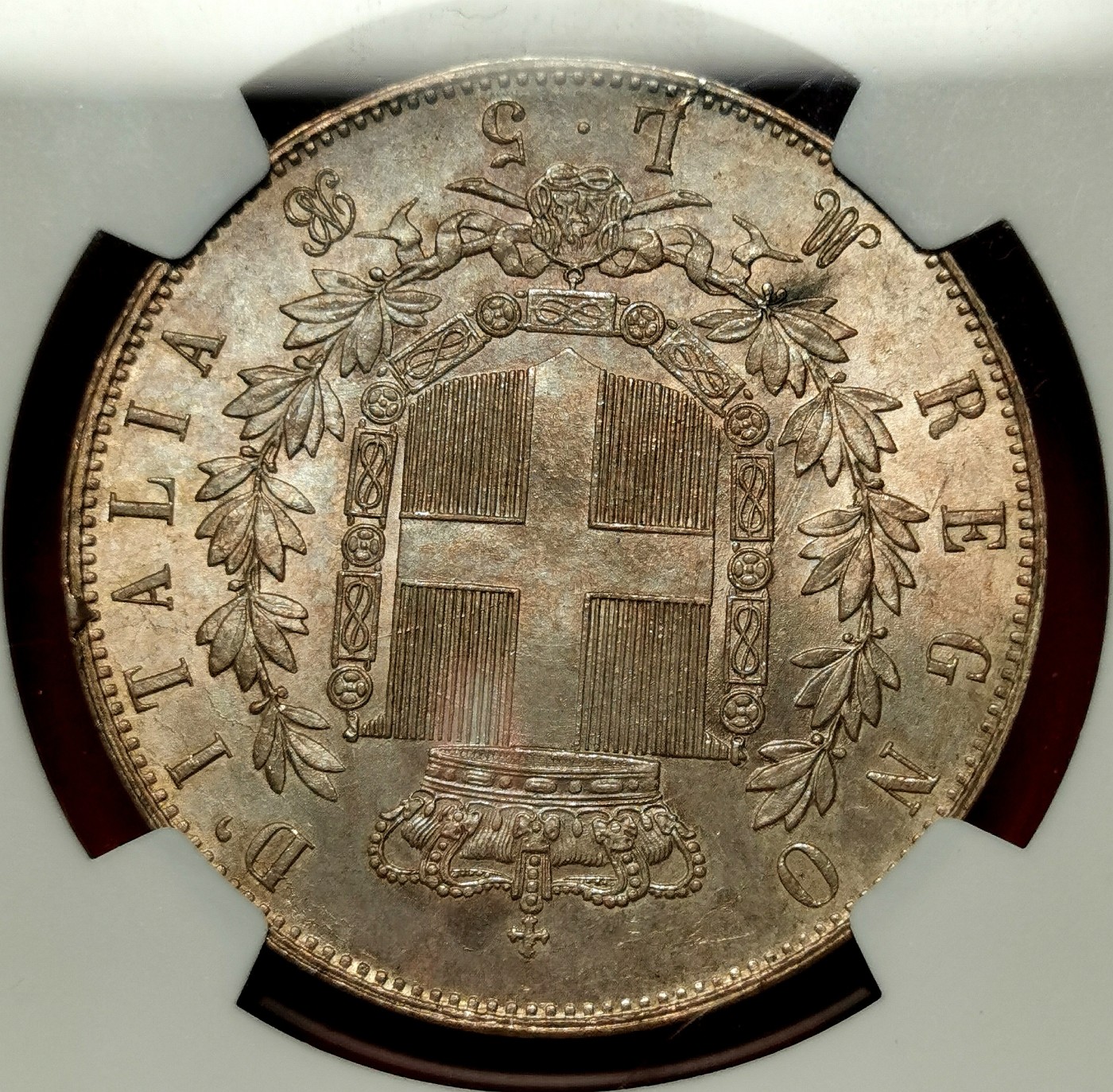 凡希万国世界钱币年度大拍第二季 荐！NGC MS64+1875M意大利埃曼努尔二世5里拉大银淡紫金彩，米兰厂出品，唯一最高分！