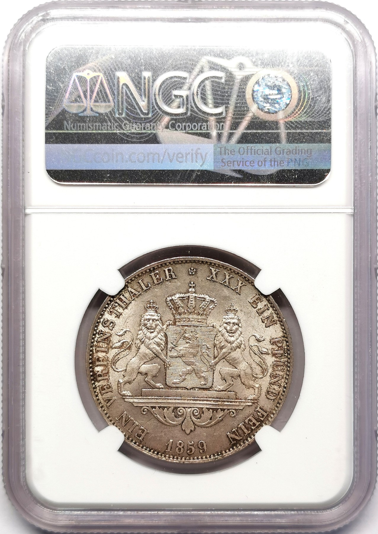 凡希万国世界钱币年度大拍第二季 NGC MS63 1859年德国黑森-达姆施塔特双狮流通1泰勒 黄油十字转光 高点非常出色 