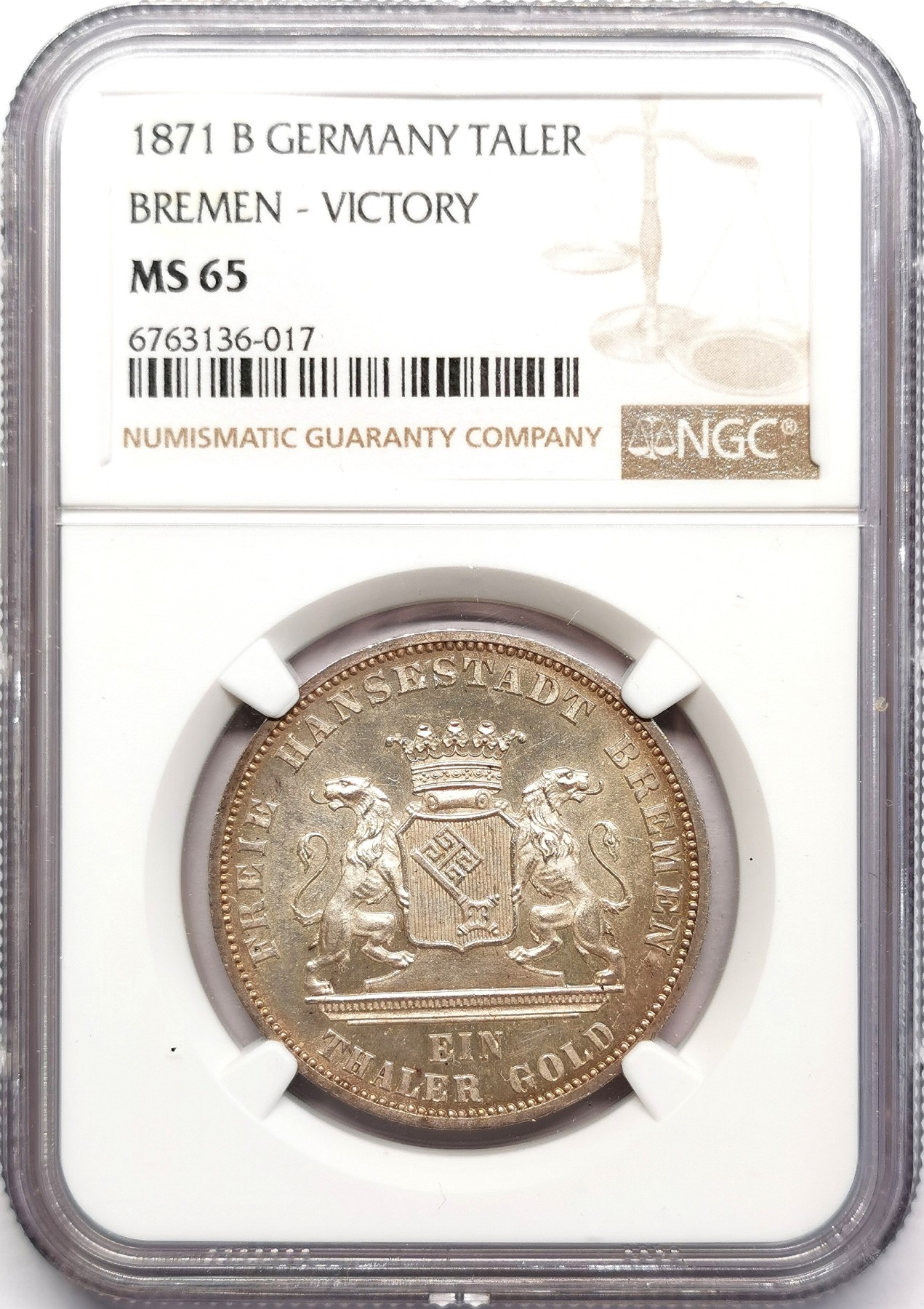 凡希万国世界钱币年度大拍第二季 NGC MS65 1871年德国不莱梅普法战争胜利泰勒 高分深打环彩状态