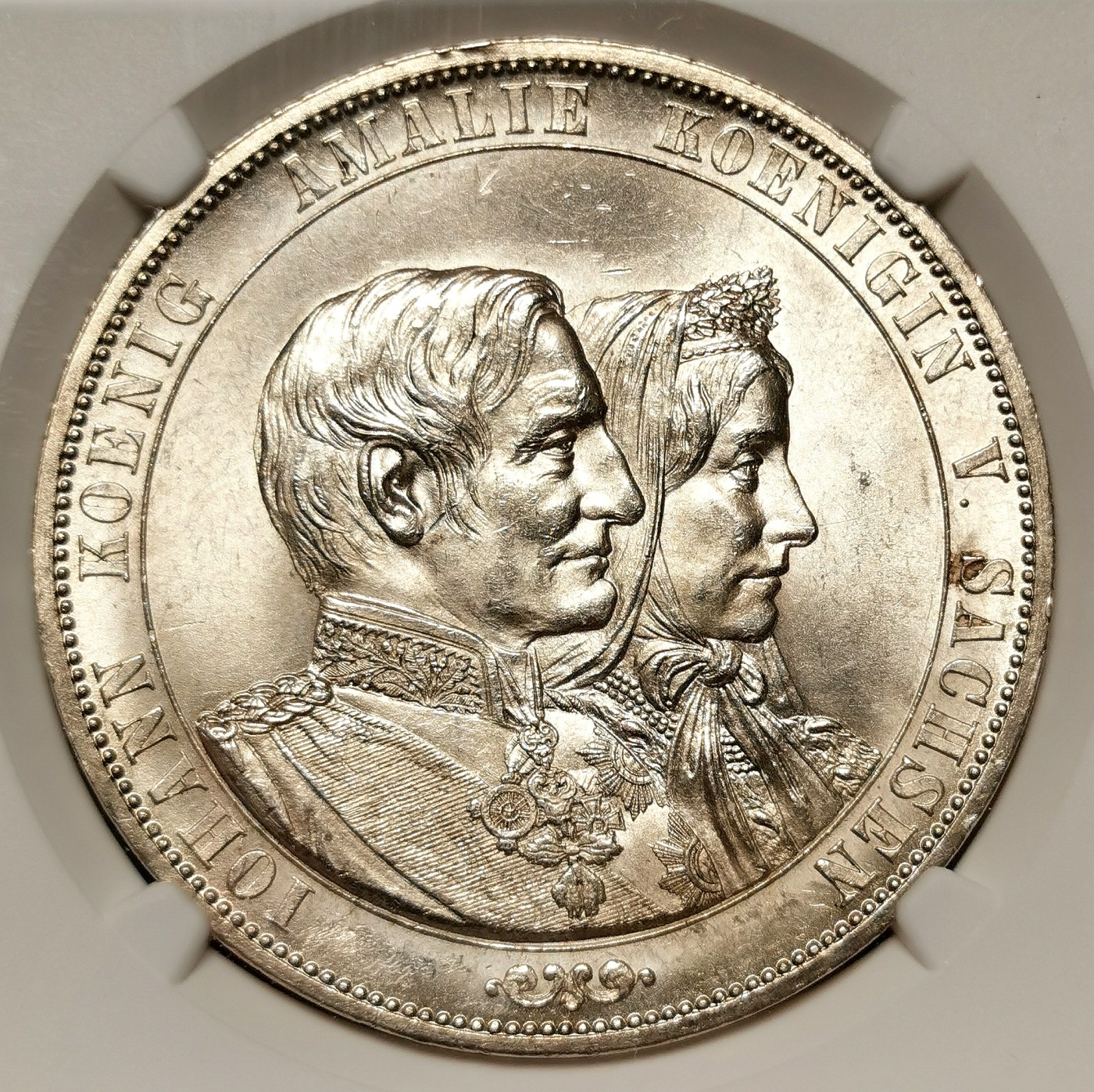 凡希万国世界钱币年度大拍第二季 NGC MS64 1872年德国萨克森国王金婚流通纪念2泰勒 最后的2泰勒名誉品种 十字转曝光