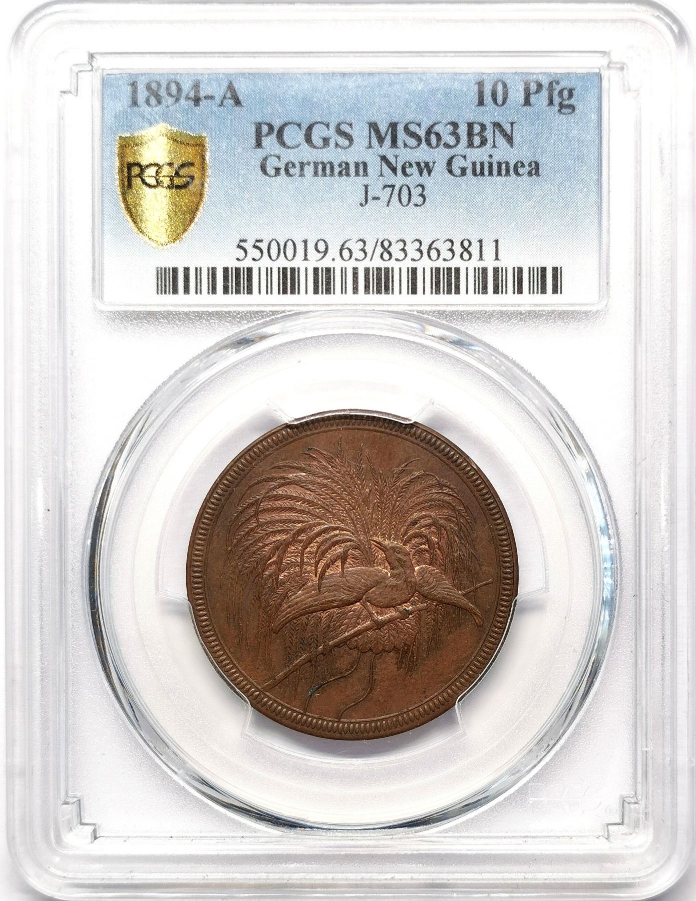 凡希万国世界钱币年度大拍第二季 荐！PCGS MS63BN 1894A德属新几内亚天堂鸟10芬尼大铜，发行量24000枚，德意志彰显国力的炫技之作，极富异国风情的殖民地品种！