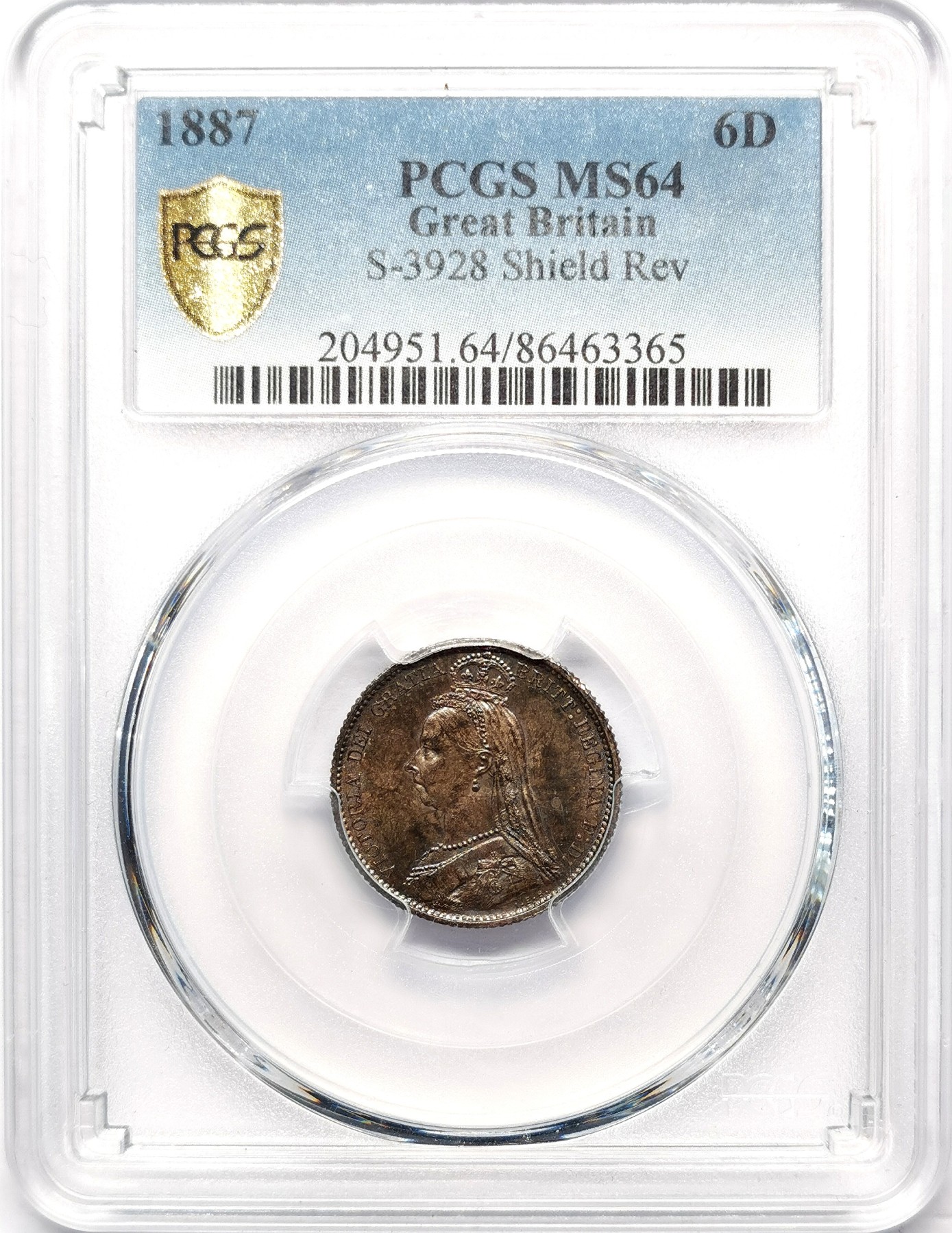 凡希万国世界钱币年度大拍第二季 PCGS MS64 1887英国老维高冠6便士 黑彩！