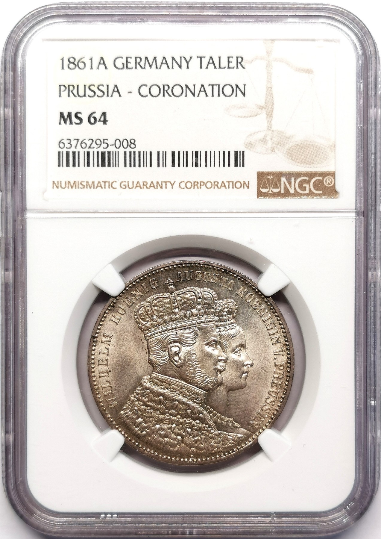 凡希万国世界钱币年度大拍第二季 NGC MS64 1861年德国普鲁士威廉国王加冕1泰勒 状态炸裂银光闪闪
