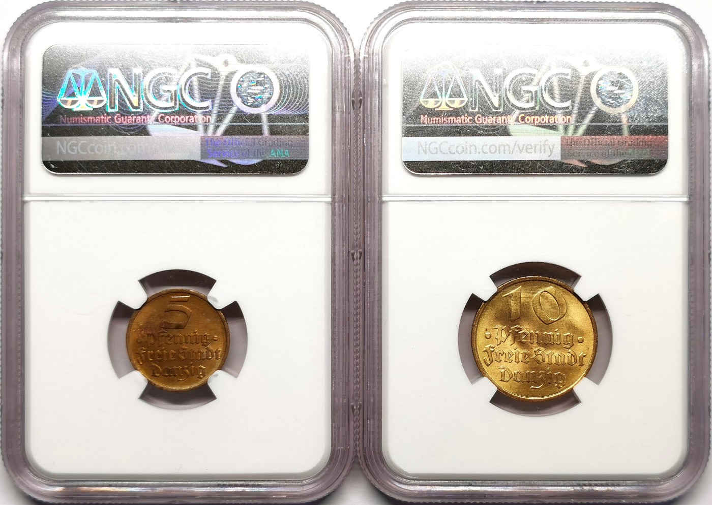 凡希万国世界钱币年度大拍第二季 NGC MS63/64 1932但泽自由港5P/10P黄铜币一对 BU难得！