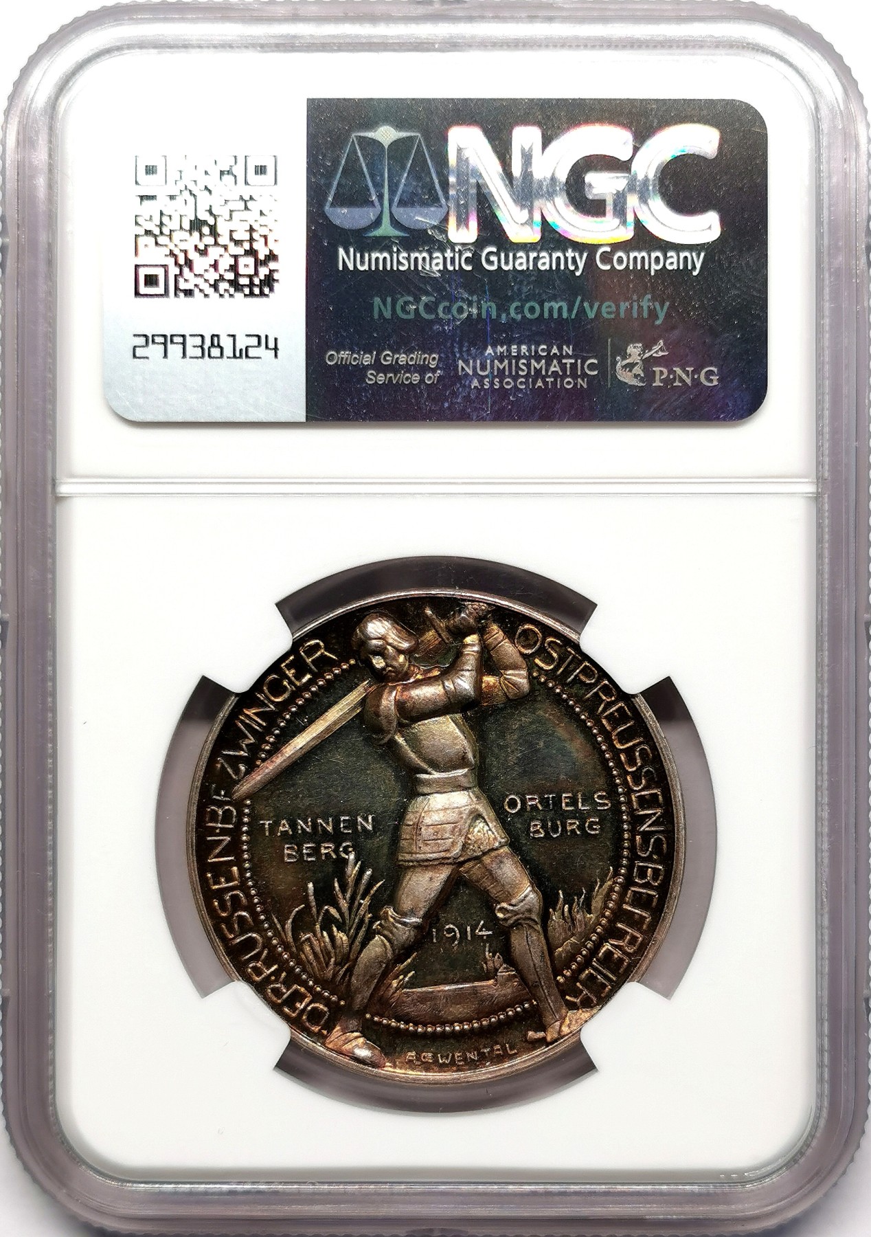 凡希万国世界钱币年度大拍第二季 NGC MS64 1914年德国一战统帅兴登堡东线大捷纪念高浮雕银章 镜面黑金彩