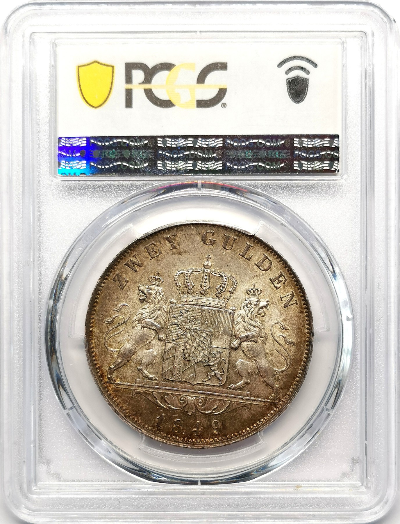 凡希万国世界钱币年度大拍第二季 PCGS MS62 1849年德国巴伐利亚马克西米利安二世双狮盾徽流通2古尔登 非常舒适的原味黄油光