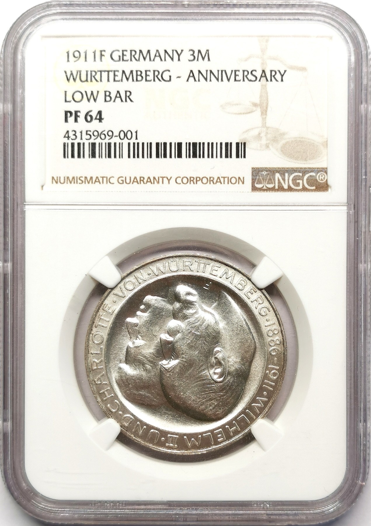 凡希万国世界钱币年度大拍第二季 NGC PF64 1911年符腾堡结婚纪念精制3马克