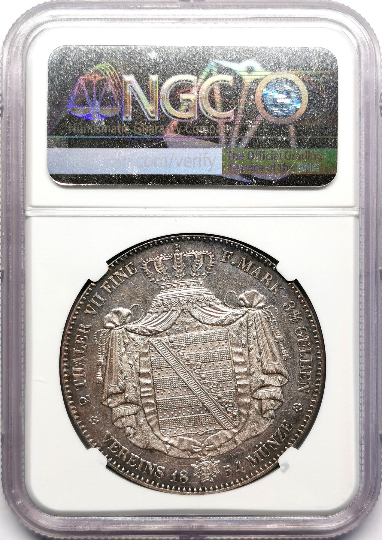 凡希万国世界钱币年度大拍第二季 NGC AU58 1854年德国萨克森大窗帘流通2泰勒 原味状态非常好 高点几乎无任何磨损 