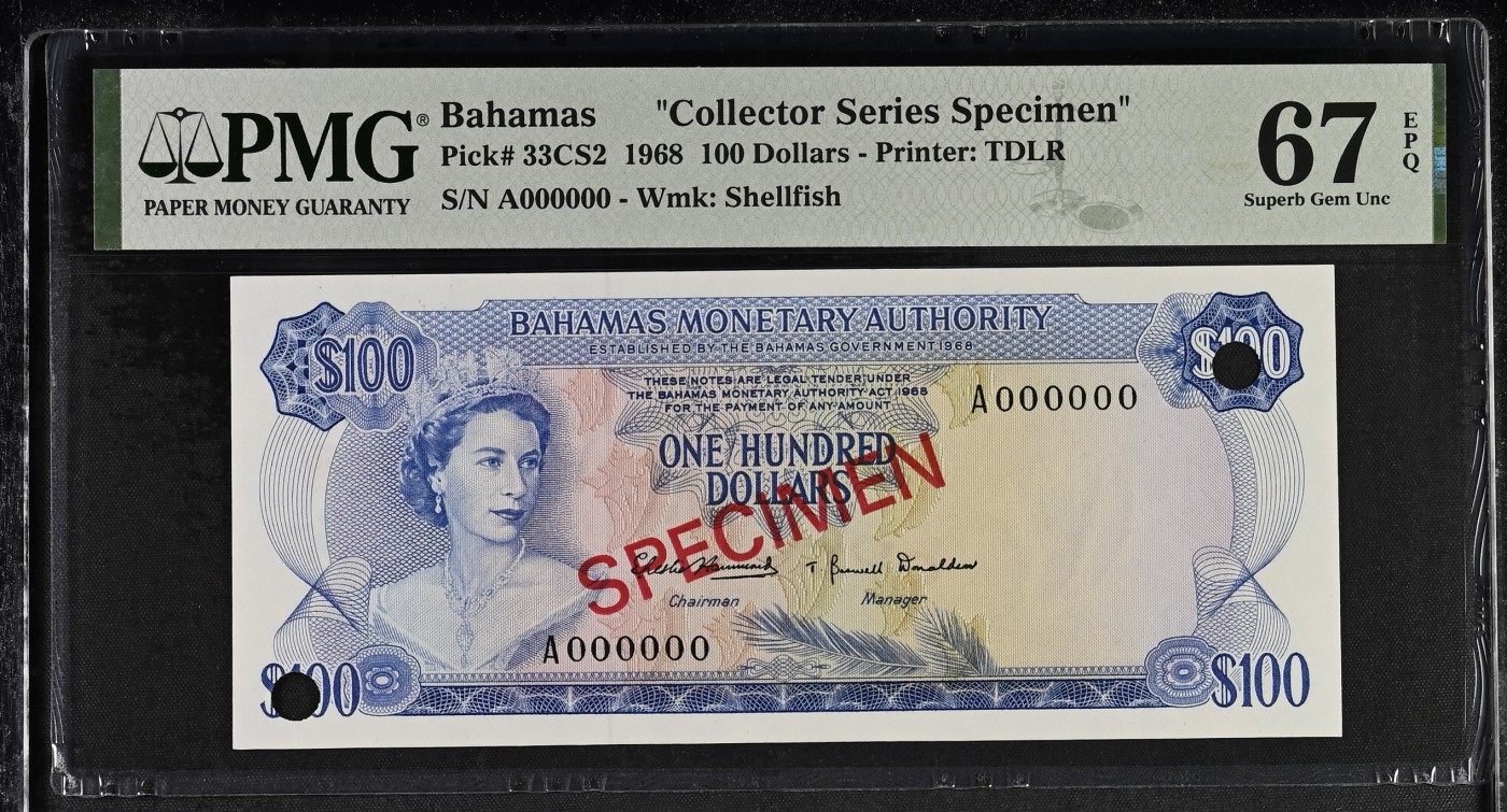收藏联盟Quantum Auction 第315期拍卖  巴哈马1968年100元样票 PMG67 德纳罗彩背