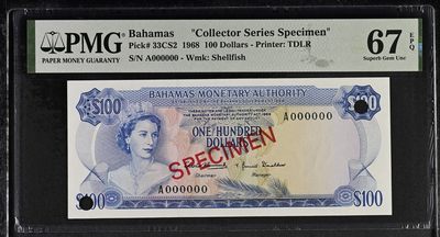 收藏联盟Quantum Auction 第315期拍卖  - 巴哈马1968年100元样票 PMG67 德纳罗彩背