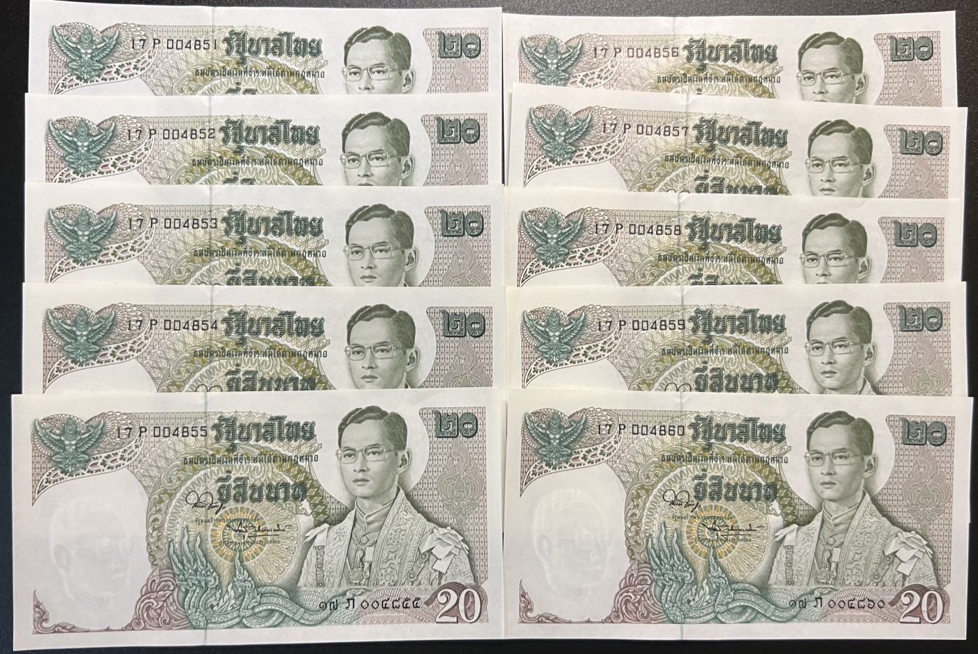 🌗乐淘淘世界纸币收藏拍卖 第36期🌓 【刀拆十连】泰国1971年纸币十张 20泰铢 龙舟 部分边缘有斑 UNC