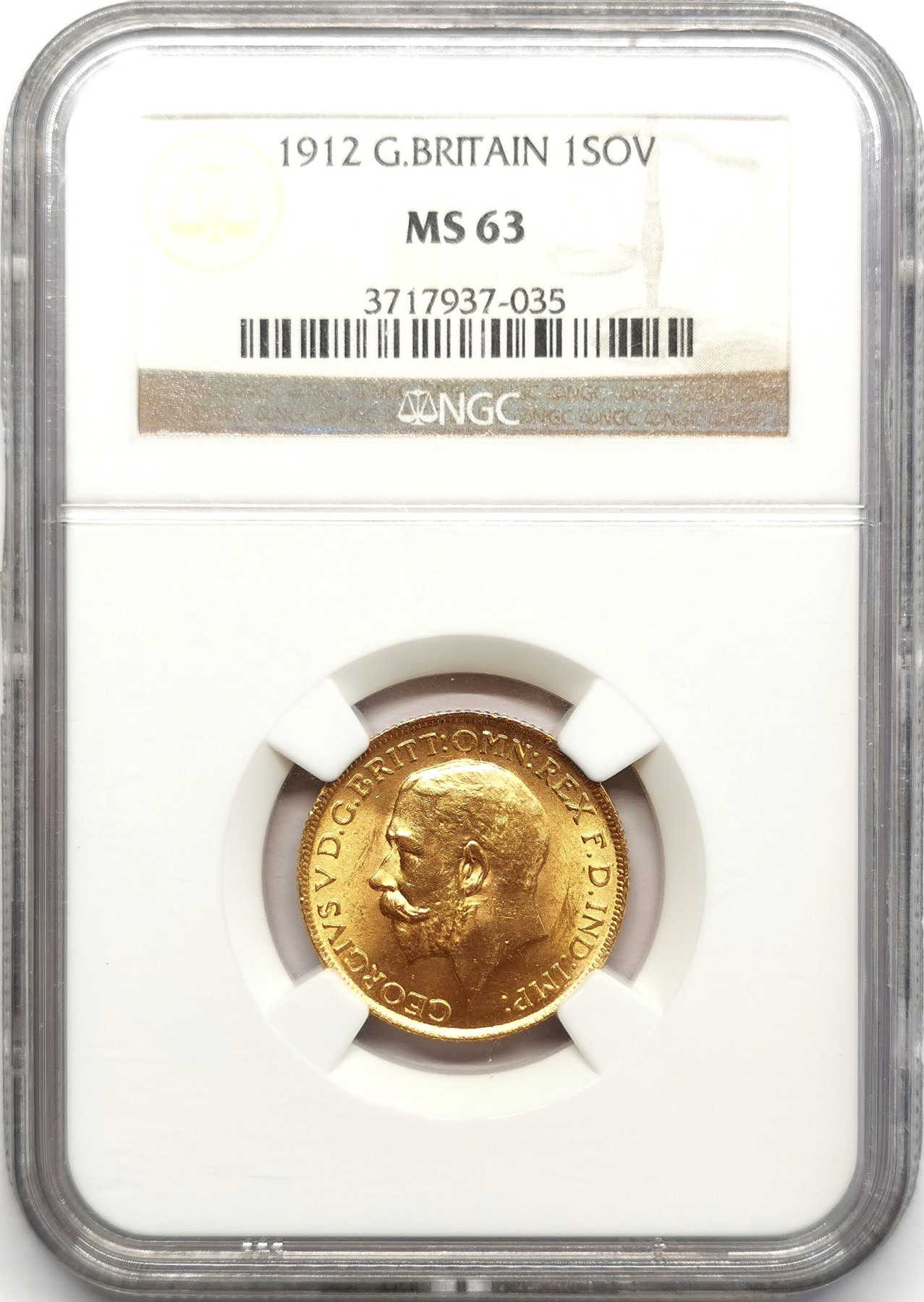 凡希万国世界钱币年度大拍第二季 1912英国乔五索维林金币NGC MS63 7.988g 917金