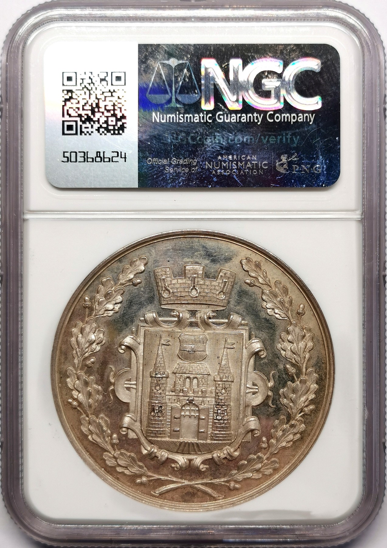 凡希万国世界钱币年度大拍第二季 NGC MS62PL 19世纪奥地利林茨民俗节纪念章，极致的超高镜面浮雕初模，尺寸大，女神美。