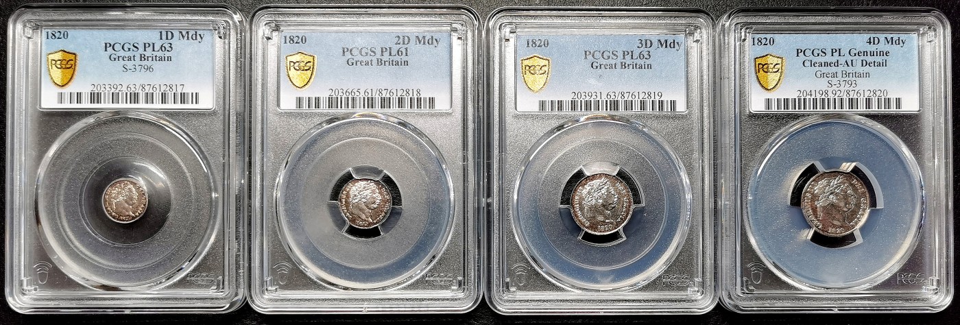 凡希万国世界钱币年度大拍第二季 PCGS PL 1820英国乔三濯足币四枚全套 铸币大革新后采用新式蒸汽铸币机生产的高品质铸币，实物有着明显的镜面效果。实物类镜面