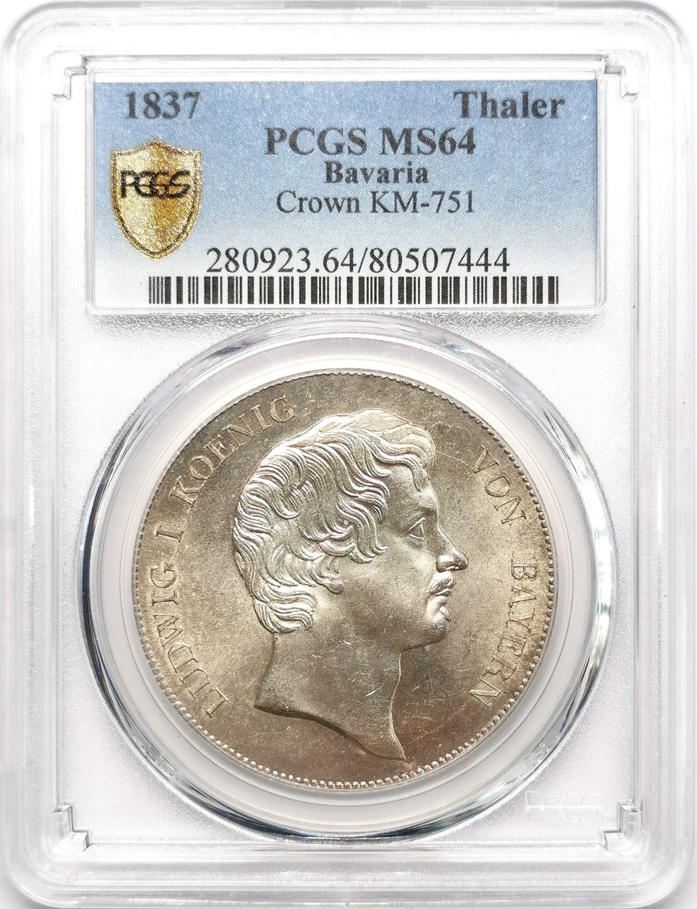 凡希万国世界钱币年度大拍第二季 PCGS MS64 1837年德国巴伐利亚路德维希一世流通皇冠大泰勒 最后的皇冠泰勒 1837年之后皇冠泰勒被2泰勒取代了 高分极其不易