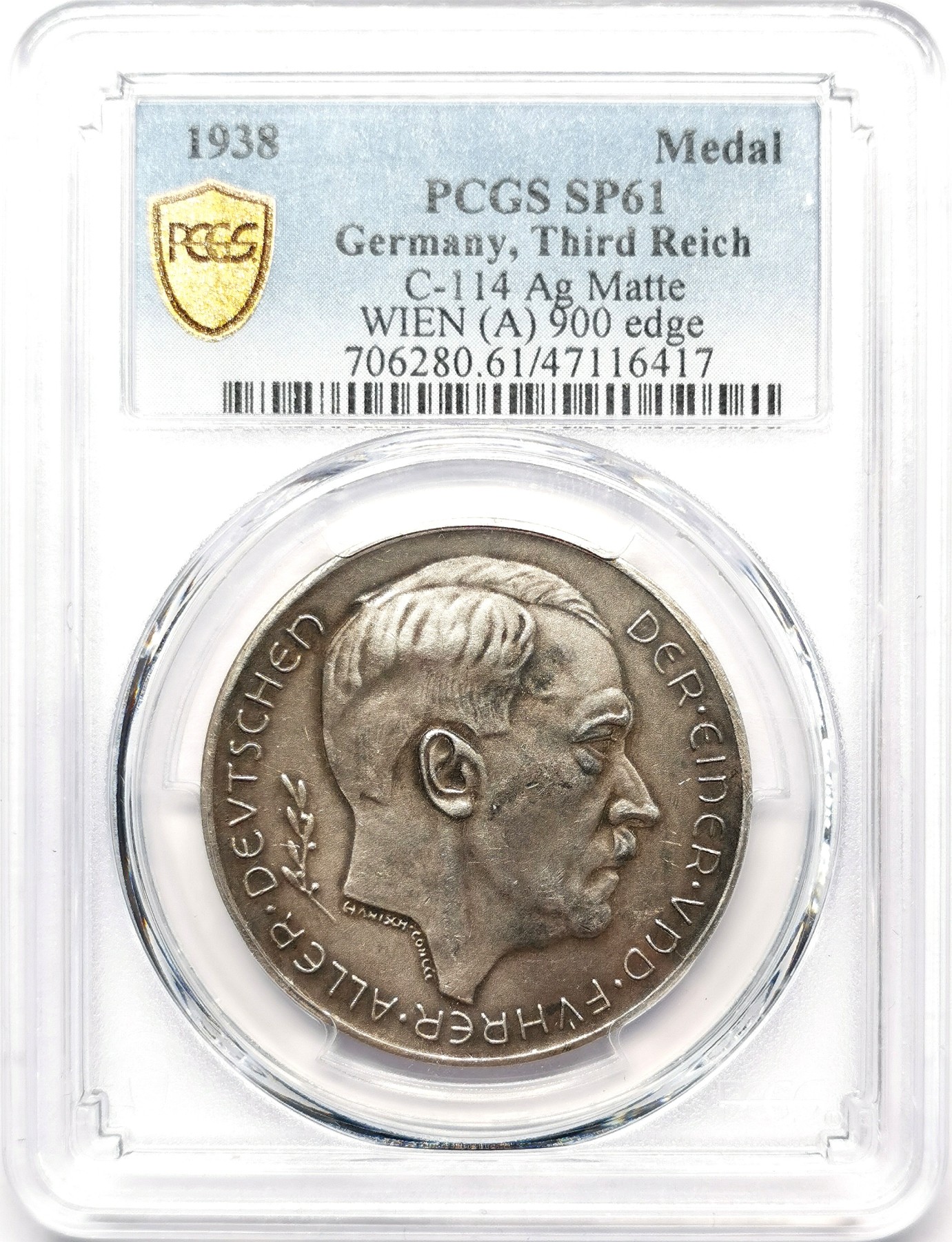 凡希万国世界钱币年度大拍第二季 PCGS SP61 1938年德国一把手纪念吞并奥地利银章 名誉品种