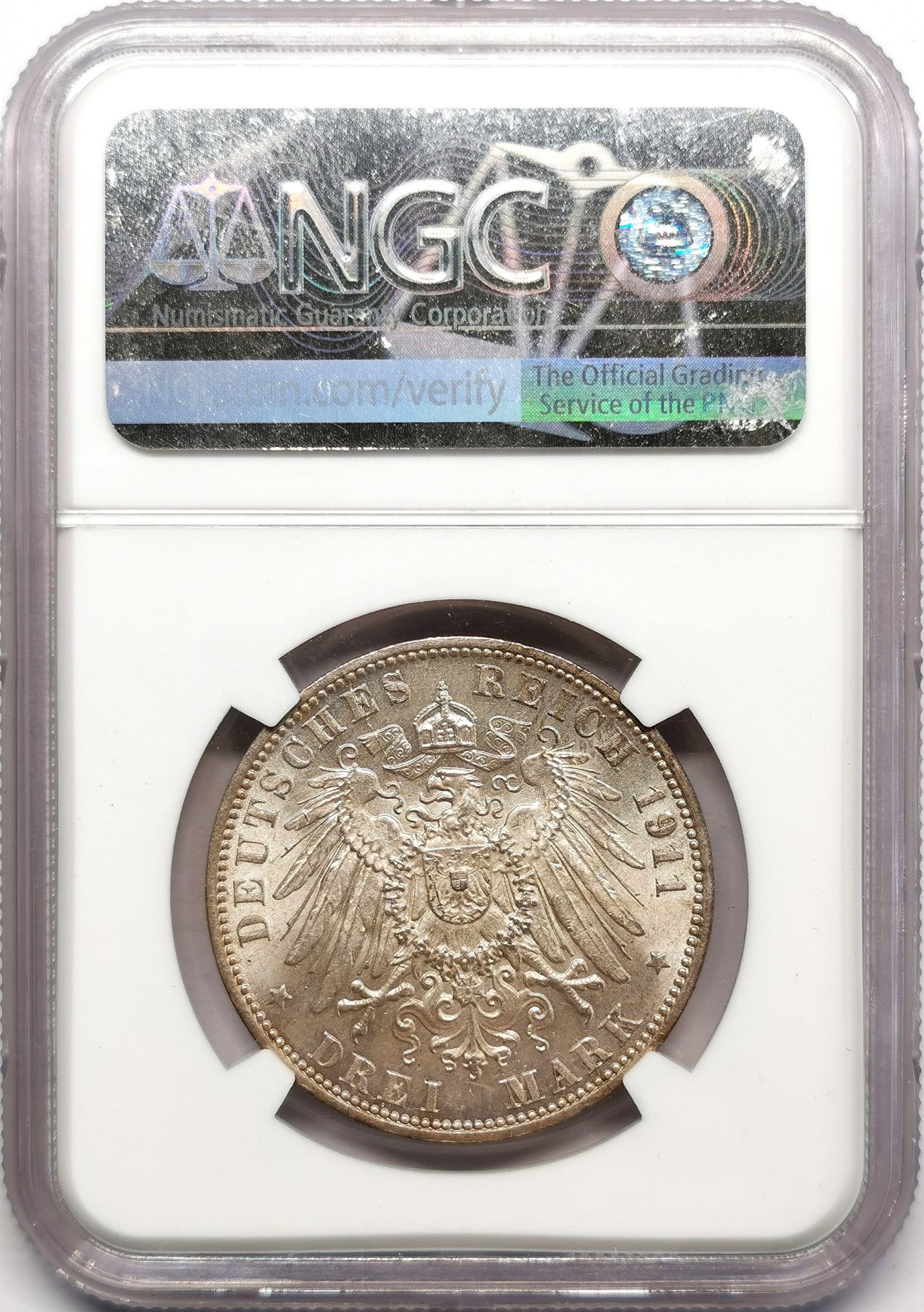 凡希万国世界钱币年度大拍第二季 NGC MS66 1911年德国汉堡双狮盾徽流通3马克 顶级高分