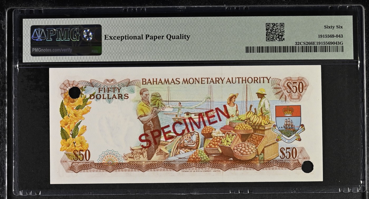 收藏联盟Quantum Auction 第315期拍卖  巴哈马1968年50元样票 PMG66 德纳罗彩背
