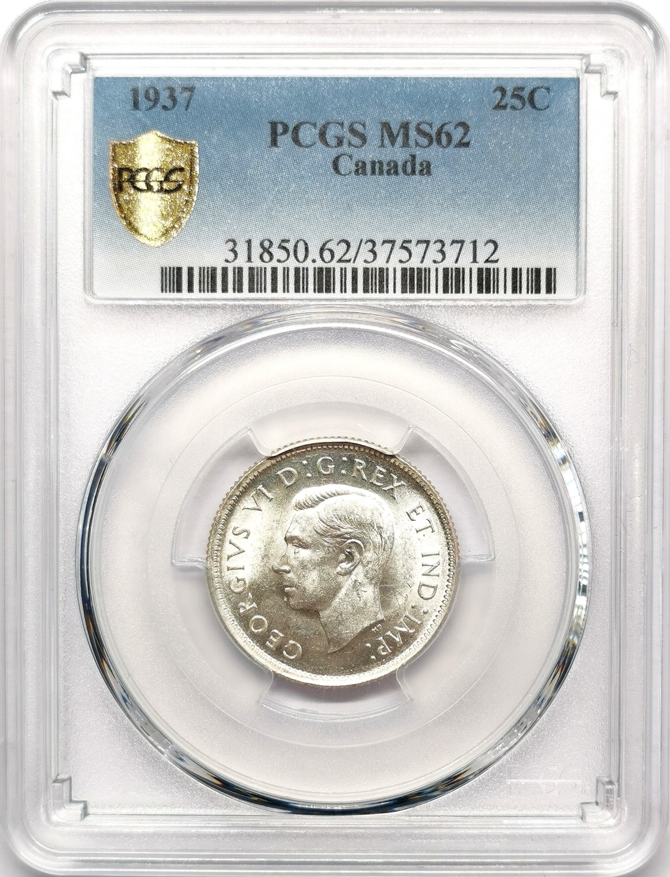 凡希万国世界钱币年度大拍第二季 PCGS MS62 1937加拿大乔六20分银币 原银光！