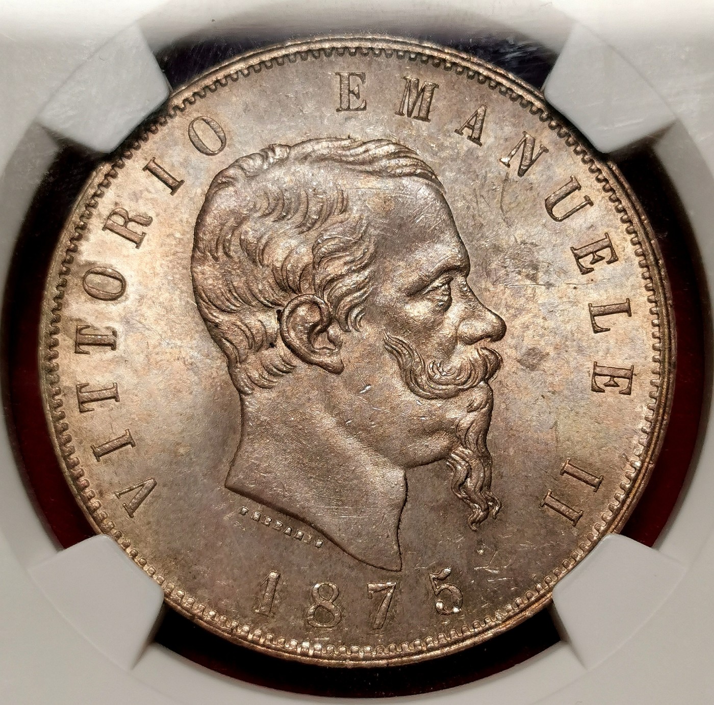 凡希万国世界钱币年度大拍第二季 荐！NGC MS64+1875M意大利埃曼努尔二世5里拉大银淡紫金彩，米兰厂出品，唯一最高分！