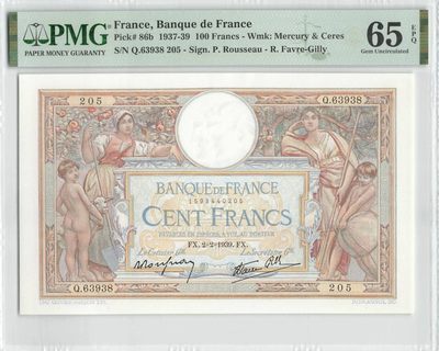 小福收藏拍卖第147期 评级币精选场 本期有法国果园  丹麦首发年 A1冠大蜥蜴  比利时大蜻蜓 意大利提香 阿尔及利亚45年50法朗冠军分 瑞士马丁割袍 越南劝降券 德国明斯特首版克拉拉  墨西哥 丹麦 卢森堡等各种高分珍稀老钞精品 - 法国 1939年100法郎 精美大票 PMG65 EPQ 季军分