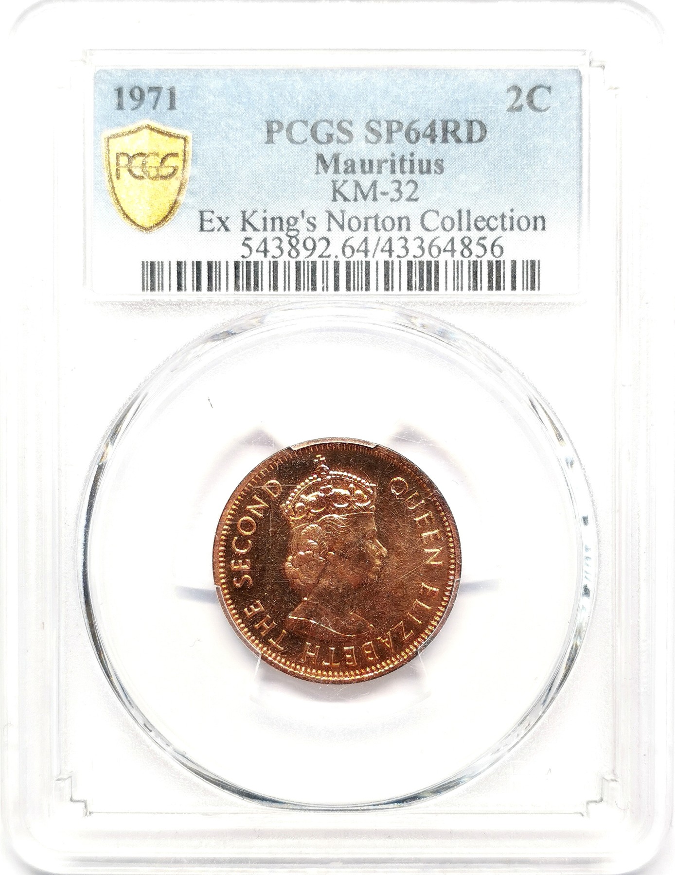 凡希万国世界钱币年度大拍第二季 PCGS SP64RD 1971英属毛里求斯2分铜币 KingsNorton窖藏！