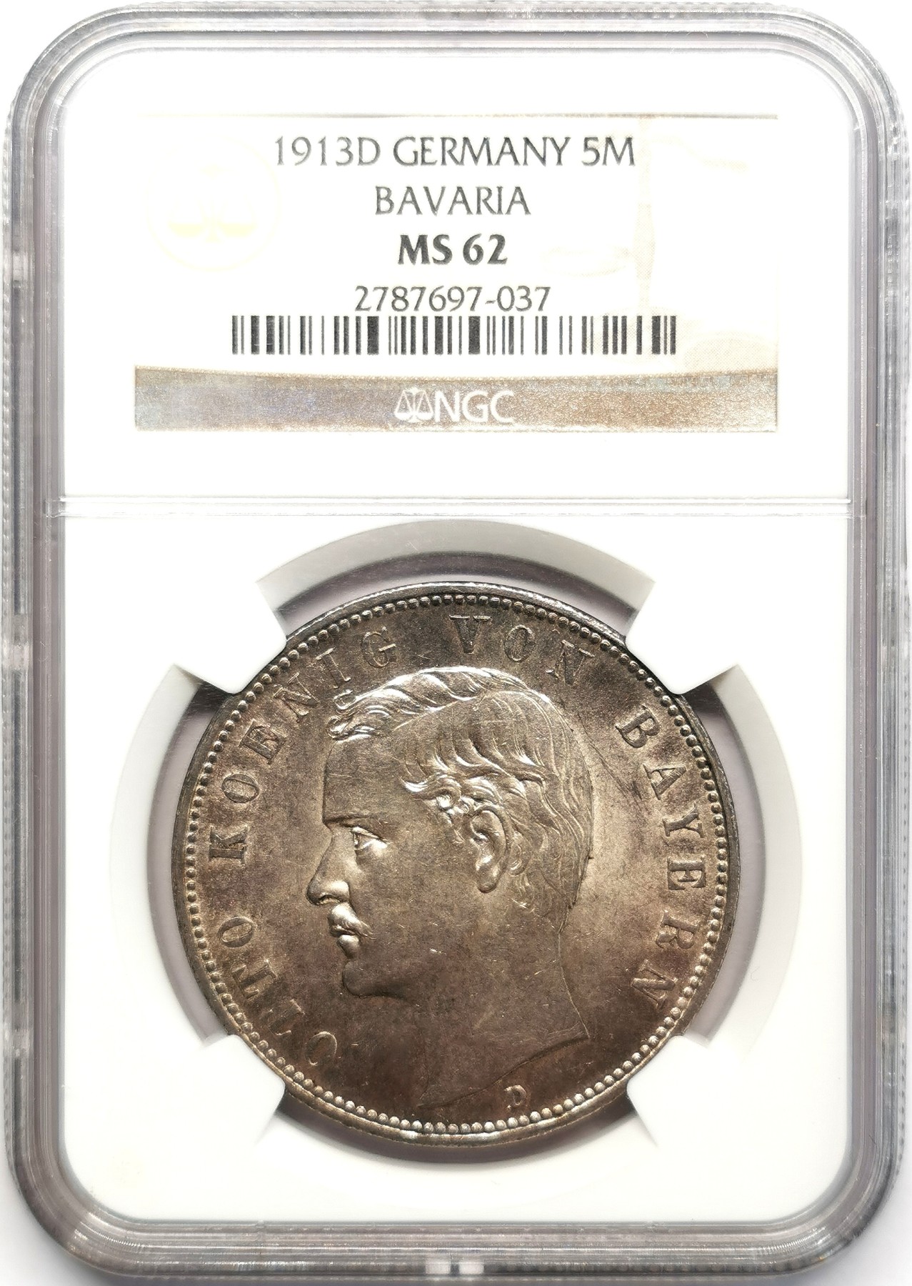凡希万国世界钱币年度大拍第二季 NGC MS62 1913年德国巴伐利亚奥托一世5马克流通大银币 原味酱彩