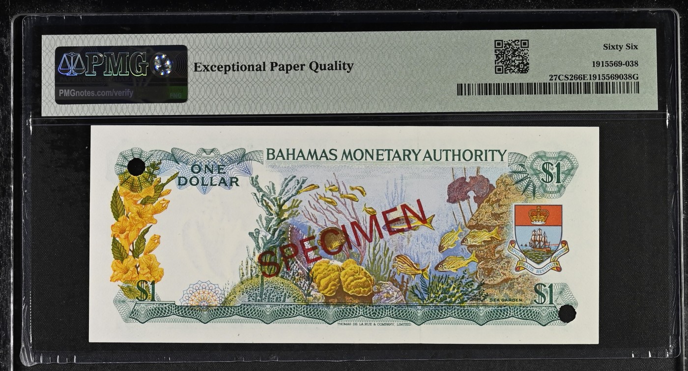 收藏联盟Quantum Auction 第315期拍卖  巴哈马1968年1元样票 PMG66 德纳罗彩背