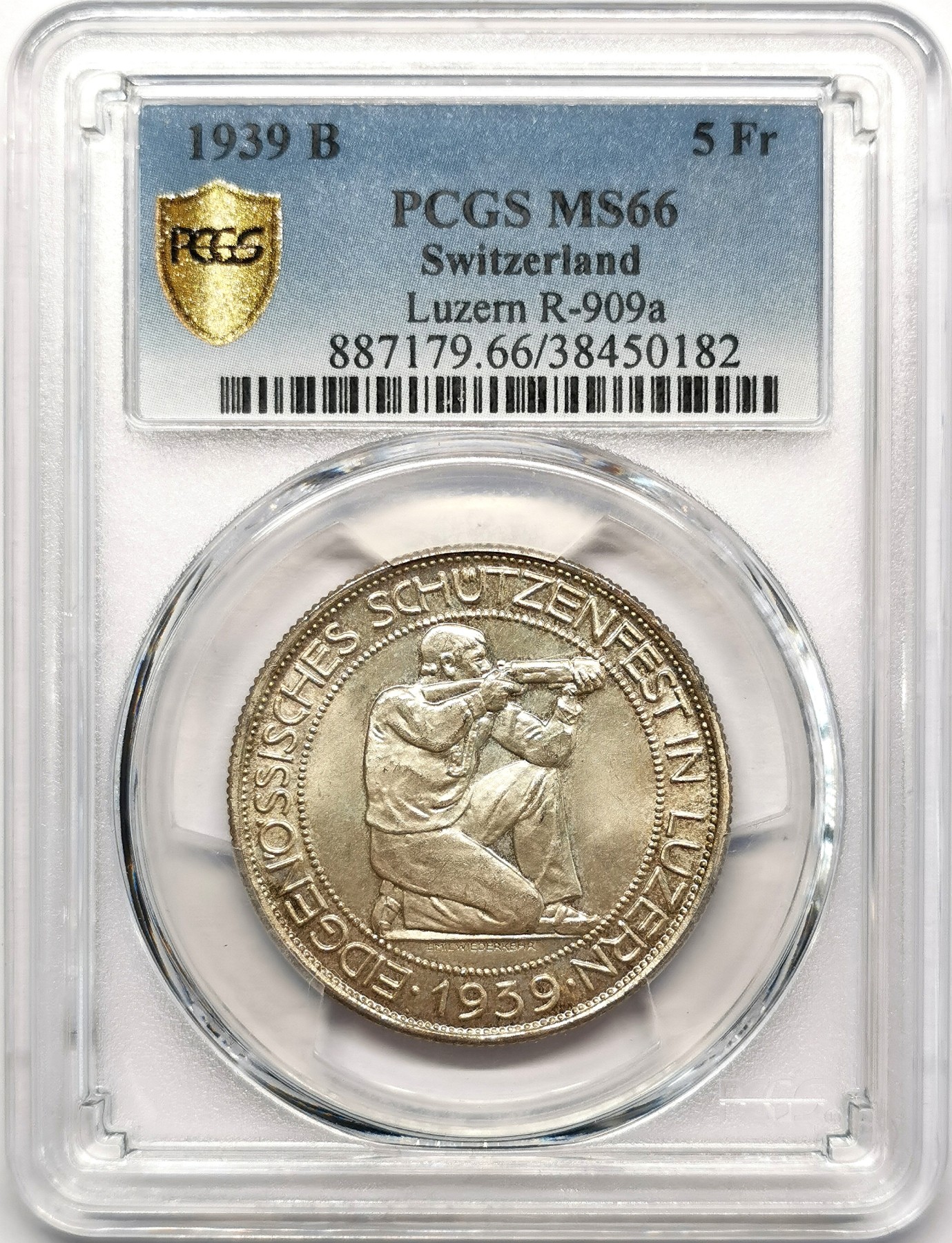 凡希万国世界钱币年度大拍第二季 PCGS MS66 瑞士卢塞恩射击节5法郎银币