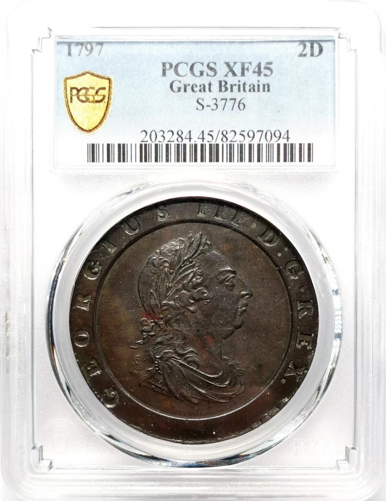凡希万国世界钱币年度大拍第二季 PCGS XF45 1797英国乔三车轮2便士大铜 均匀的巧克力包浆！