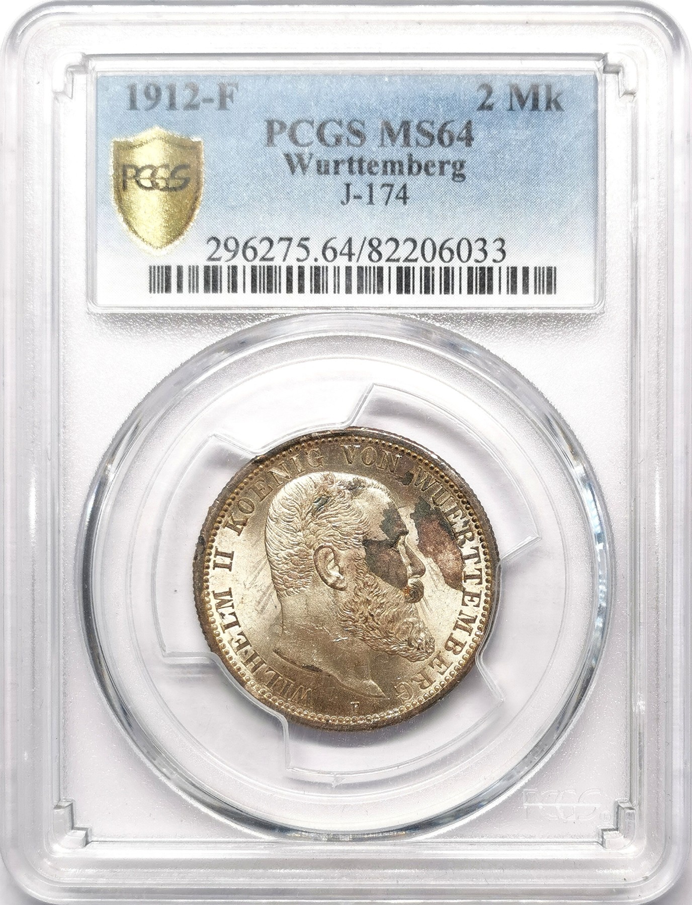 凡希万国世界钱币年度大拍第二季 PCGS MS64 1912年德国符腾堡威廉二世长翅流通2马克 极致转光