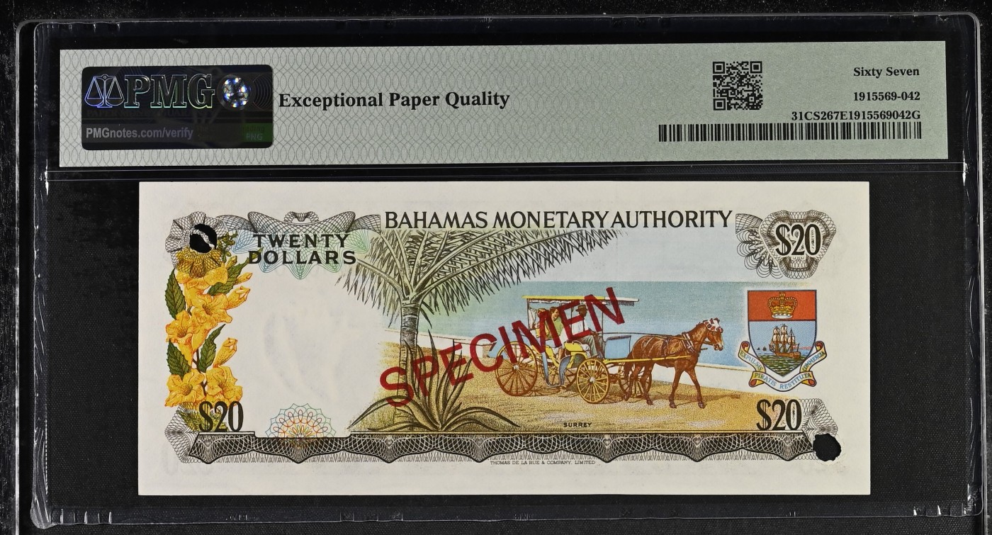 收藏联盟Quantum Auction 第315期拍卖  巴哈马1968年20元样票 PMG67 德纳罗彩背