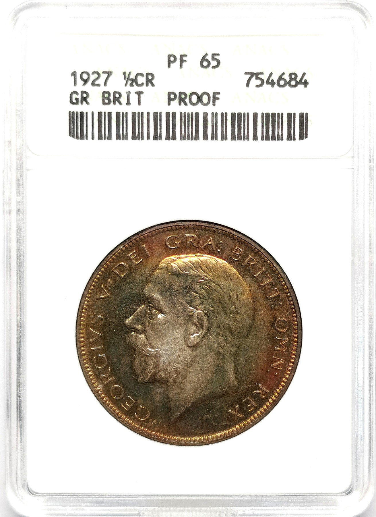 凡希万国世界钱币年度大拍第二季 ANACS PF65 1927英国乔五半克朗精铸 彩虹包浆极为养眼的一枚！