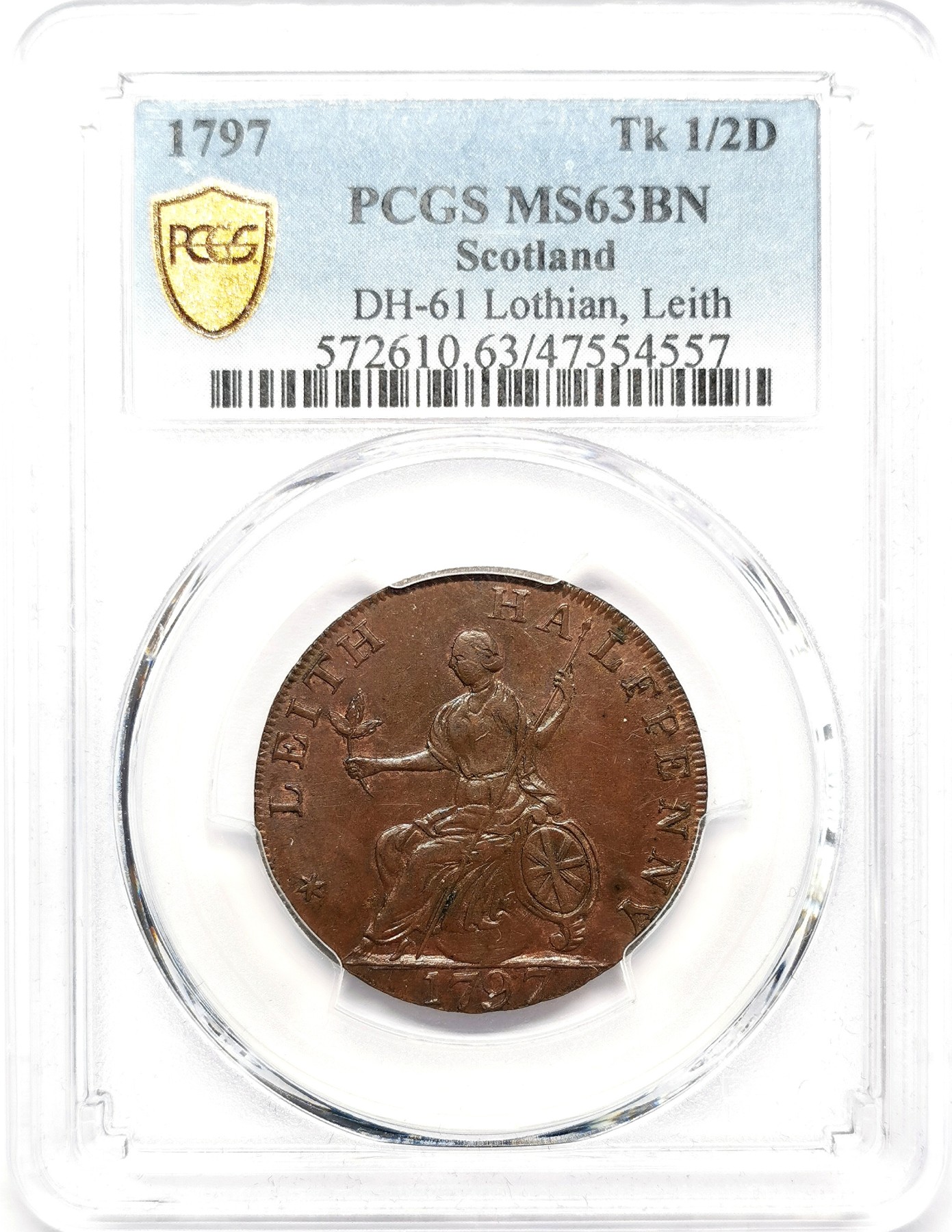 凡希万国世界钱币年度大拍第二季 PCGS MS63BN 1797苏格兰利思1/2便士铜代币