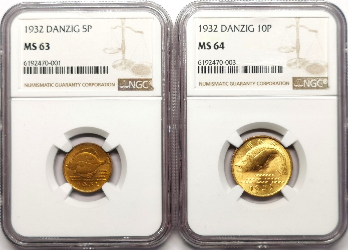 凡希万国世界钱币年度大拍第二季 NGC MS63/64 1932但泽自由港5P/10P黄铜币一对 BU难得！