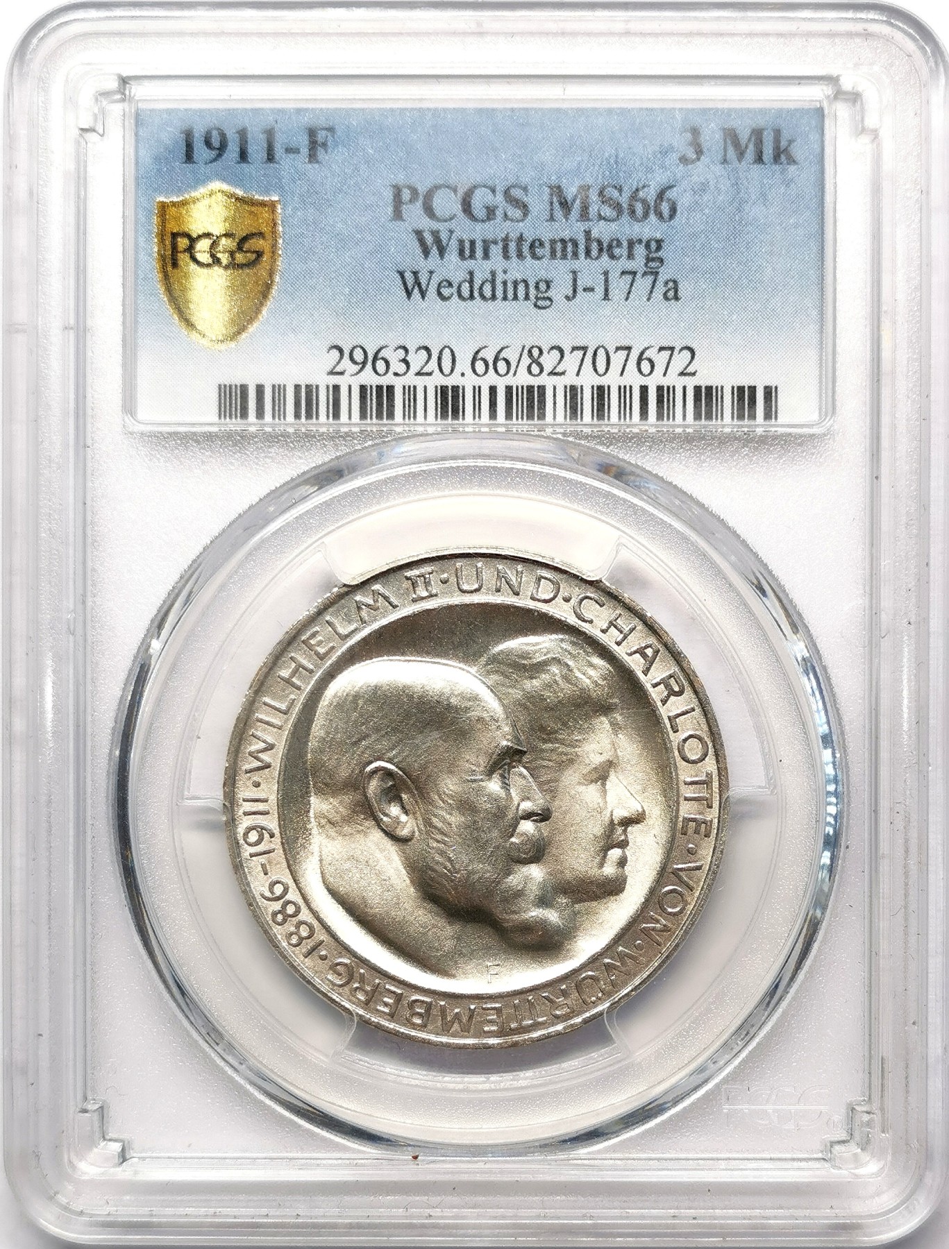 凡希万国世界钱币年度大拍第二季 PCGS MS66 1911年德国符腾堡结婚纪念3马克 顶级BU品
