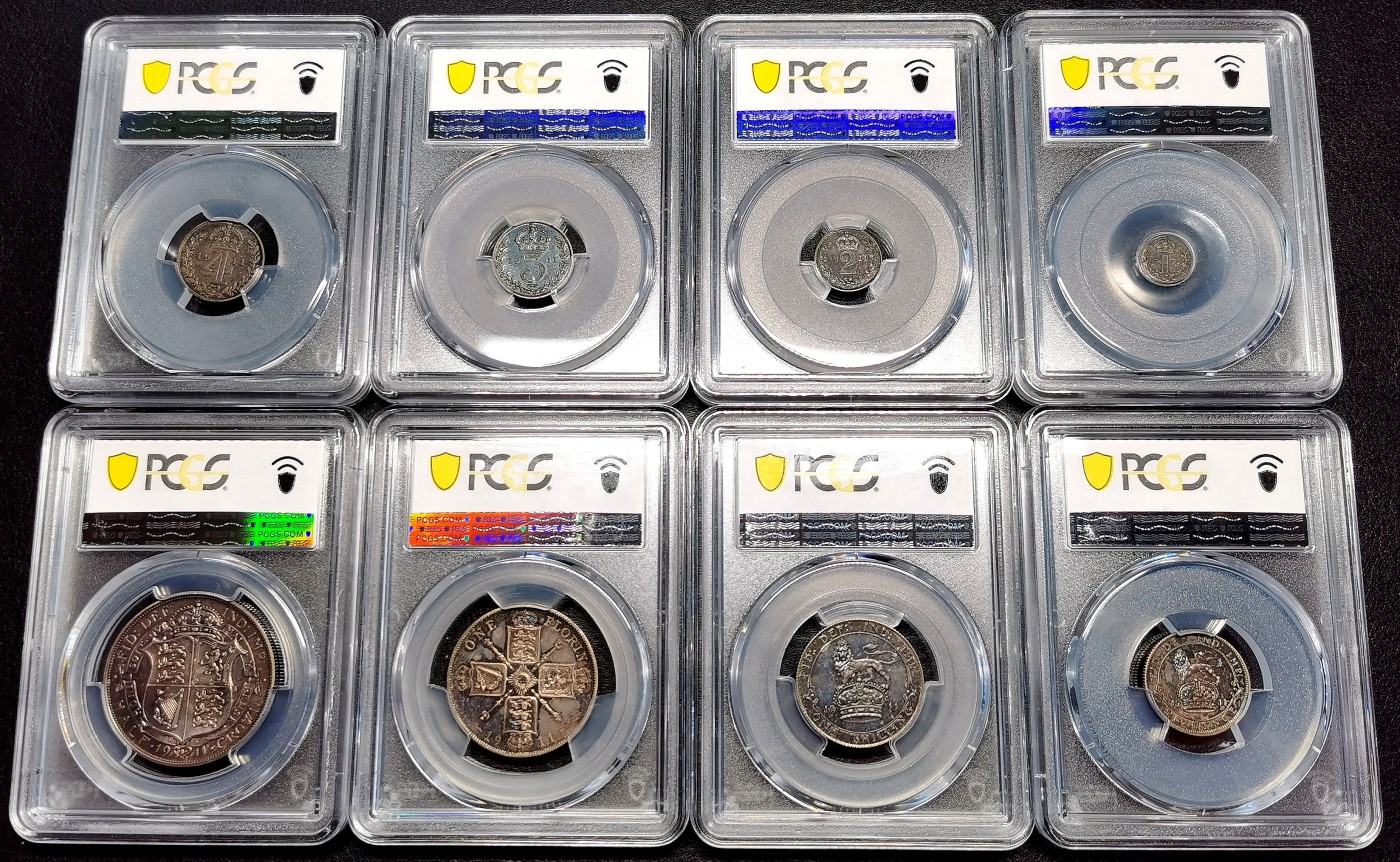 凡希万国世界钱币年度大拍第二季 荐！PCGS PF63-65 1911英国乔治五世精铸PS八枚套 一色绒盒形成的五彩，高等级乔五PS大都沉淀在藏家手中，市面越来越难见到这种收藏级品相。