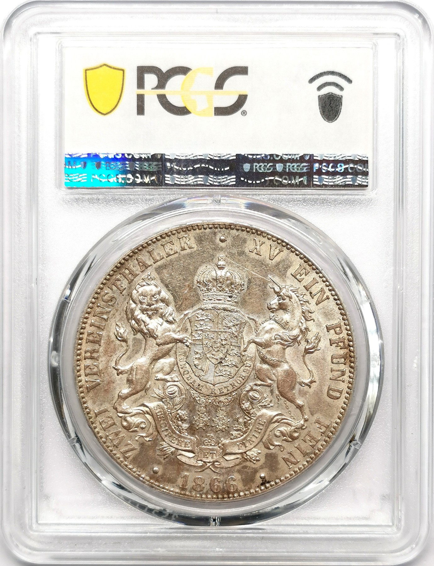 凡希万国世界钱币年度大拍第二季 PCGS MS62 1866年德国汉诺威末年狮马纹章流通2泰勒 汉诺威最后的2泰勒 原味转光五彩 是2泰勒收藏中不可或缺的重要品种