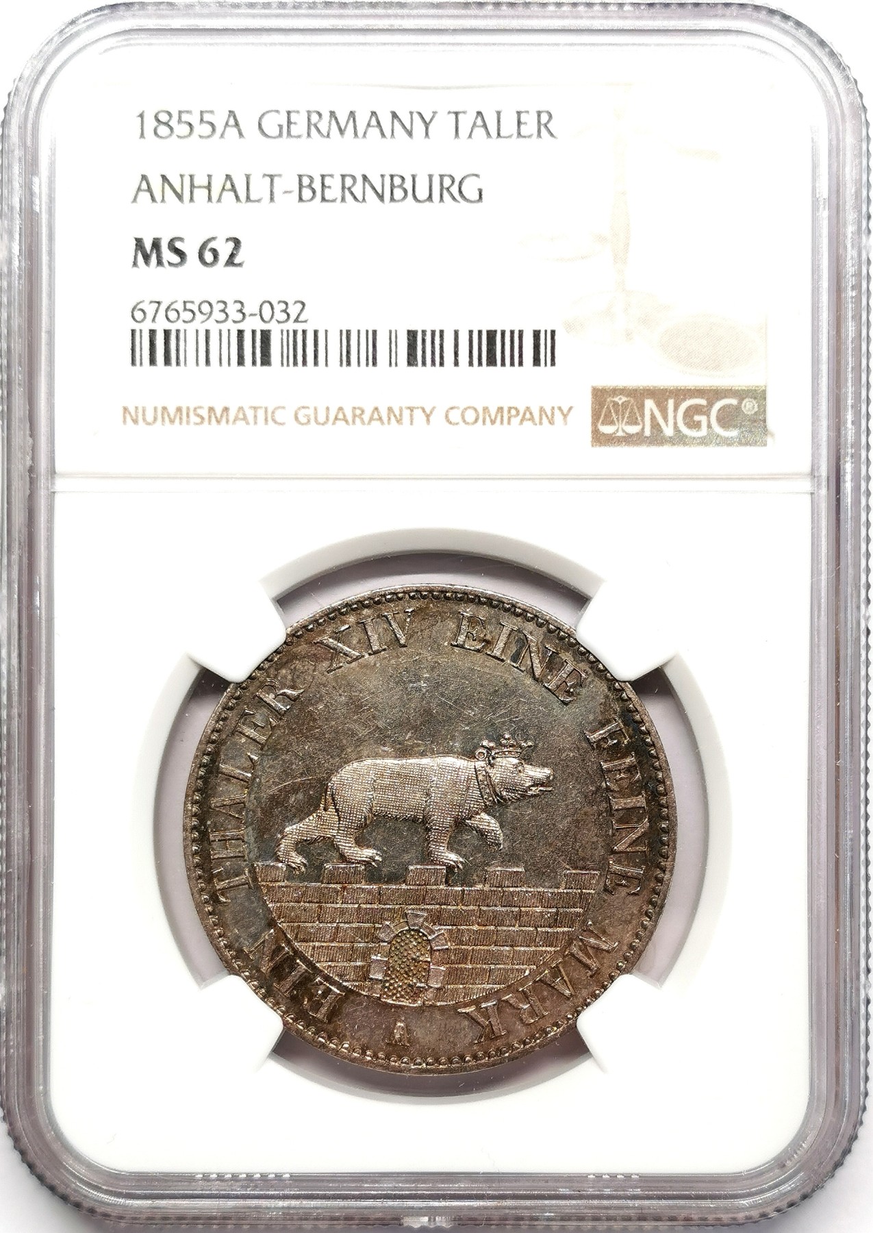 凡希万国世界钱币年度大拍第二季 NGC MS62 1855年德国安哈特-贝恩堡流通1泰勒 经典的矿业祈祷协议泰勒原味状态非常炸裂 