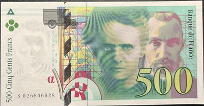 🌗乐淘淘世界纸币收藏拍卖 第36期🌓 【S 026806928】法国1994年纸币 500法郎 有折 无47