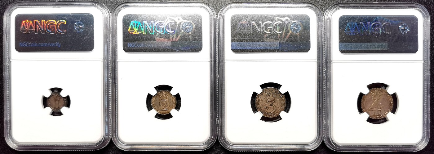 凡希万国世界钱币年度大拍第二季 NGC MS62-63 1800年英国乔三濯足币四枚全套 一色酱彩！