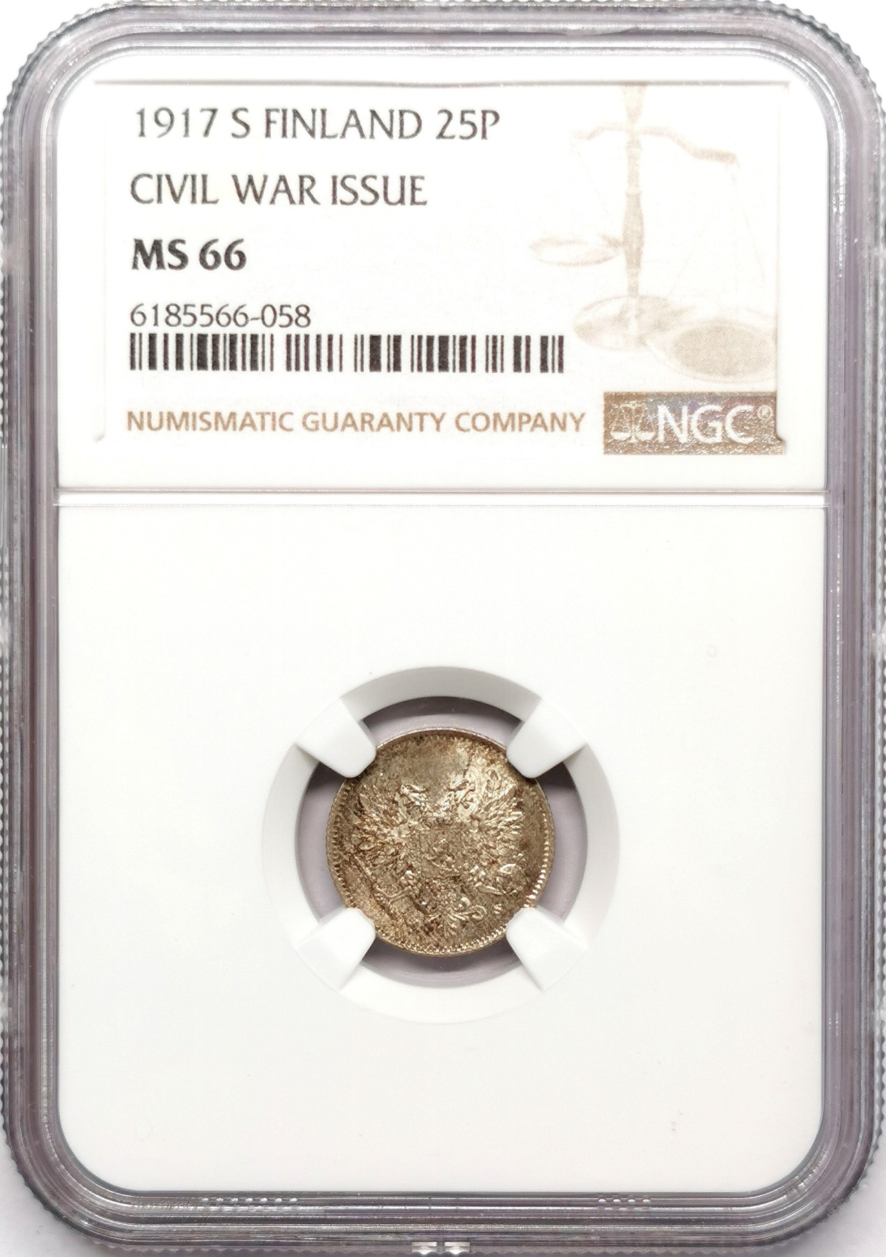 凡希万国世界钱币年度大拍第二季 NGC MS66 1917S芬兰内战25芬尼银币